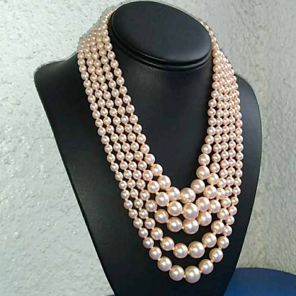 VINTAGE KJL 5-Strand Soft Pink Glass Pearl Necklace - Picture 15 of 16